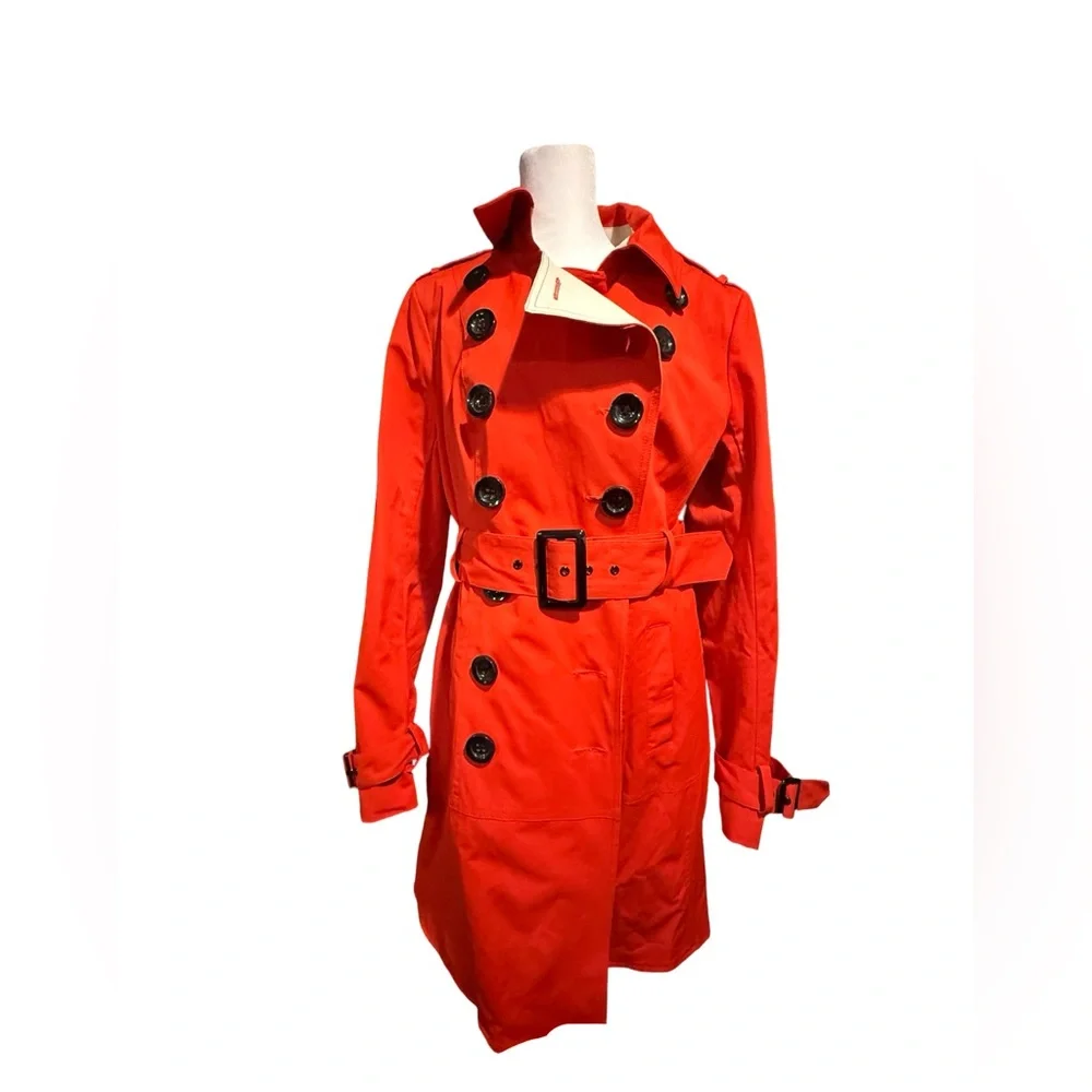 Worthington Lined Red Raincoat Black Buttons Long Sleeve Collared Belt - Picture 2 of 16